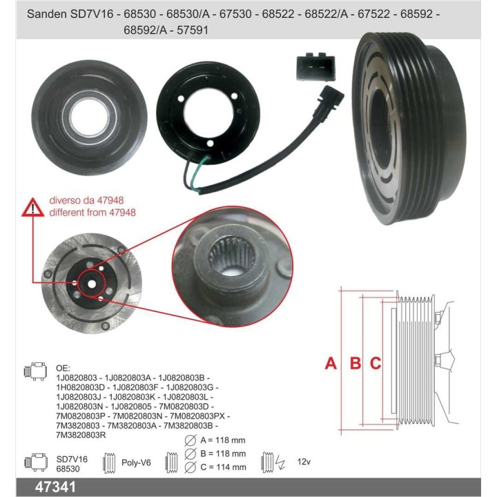 47341  EMBRAGUE COMPRESOR SANDEN SD 7V16 12V PV6