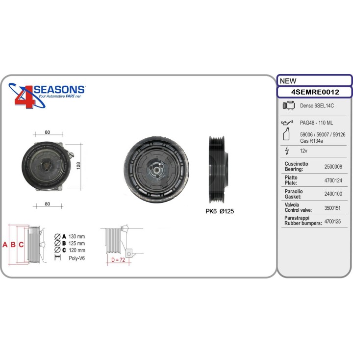 970074EMB  EMBRAGUE COMPRESOR NP 6SEL14C PV6 125MM 12V (970074)