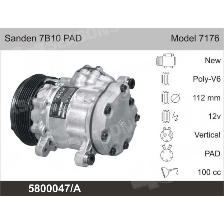 5800047/A  COMPRESOR NUEVO AFTERMARKET SANDEN SD7B10 12V PV6 7