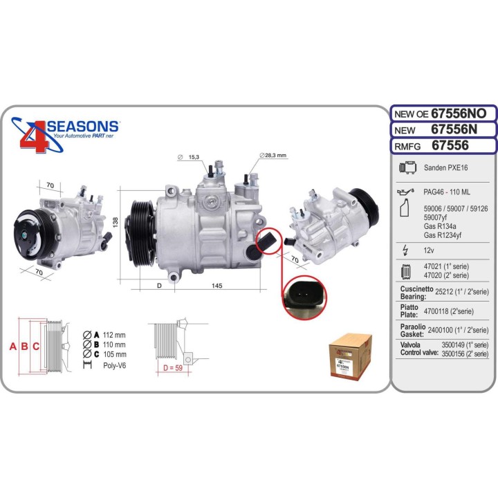 67556N  COMPRESSOR  SANDEN NEW VAG GOLF 5 / AUDI A3 03-