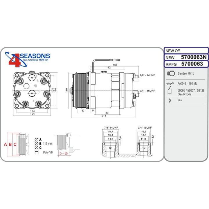 Cmp New Universal SANDEN SD7H15 24V PV8 8085