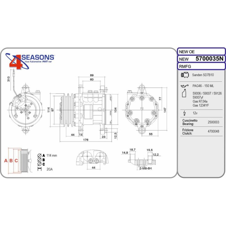 Cmp New Universal SANDEN SD7B10 12V PV2 7150 / 717